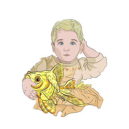 fish fat. girl with a goldfish. children's illustration. concept of wish fulfillment. vector illustration on white isolated layer in sketching styleのイラスト素材