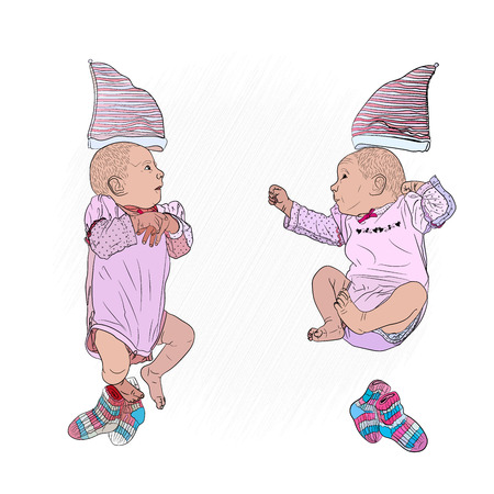 little girls twins. cute children in pink. caps and socks. Vector illustration on white isolated background. sketching styleのイラスト素材