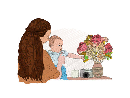 baby mom family concept. child among the flowers. vector illustration. sketching styleのイラスト素材