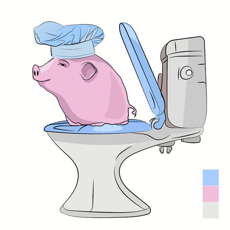 pig year. Cute and funny pig in a cook cap riding on the hook. festive diet. Vector illustration on white isolated background in sketching style.のイラスト素材