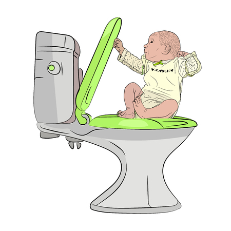 hygiene children. from the pot to the toilet. teach a child autonomy. a small child is sitting on the toilet and playing with a toilet lid with interest. Vector illustration on white isolated background in sketching style.のイラスト素材