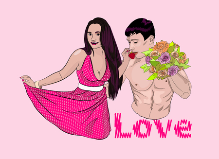 Valentine's Day. sexy couple. strawberries in bed. vector illustration. sketching styleのイラスト素材