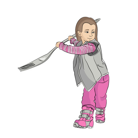 the child is eating. girl with a giant fork. vector illustration on isolated background. drawing styleのイラスト素材