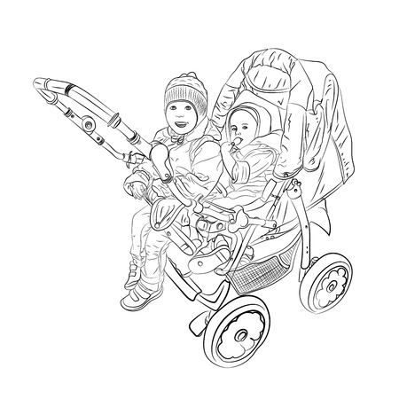 small children in the stroller nursery. Vector illustration on white isolated background. style sketchingのイラスト素材