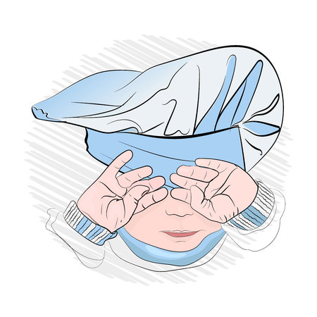 children's menu. cook baby cuts onions. crying with a bow. weep. outline techniqueのイラスト素材