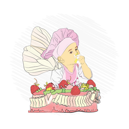 children's menu. sweet cake and baby in the cook's cap eats cake. a cute baby. sketching techniqueのイラスト素材