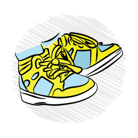 children's sneakers. yellow and blue. Vector illustration on white isolated background. sketching styleのイラスト素材