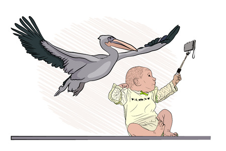 stork brought the baby. selfie from birth. children and gadgets. Vector illustration on white isolated background. sketching style by handのイラスト素材