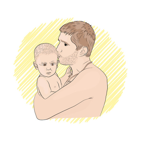 family. dad and child on the beach. sunny day on white isolated background vector illustrationのイラスト素材