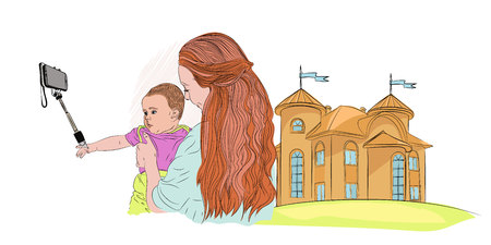Selfie makes a small child with mom and a medieval castle on a far background journey with children. vector illustration on white isolated backgroundのイラスト素材