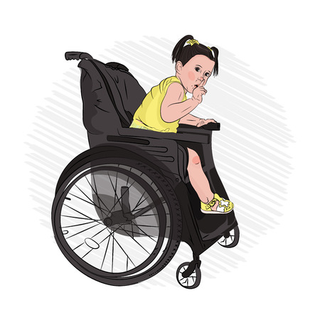 disabled child. holds hand at mouth hush in a wheelchair. Vector illustration on white isolated background. sketching styleのイラスト素材
