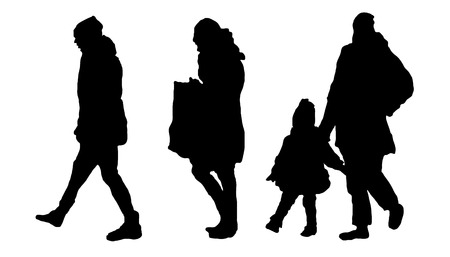 mother with a child for a walk. walking tour. Siluet children and women. vector black on white isolated backgroundのイラスト素材
