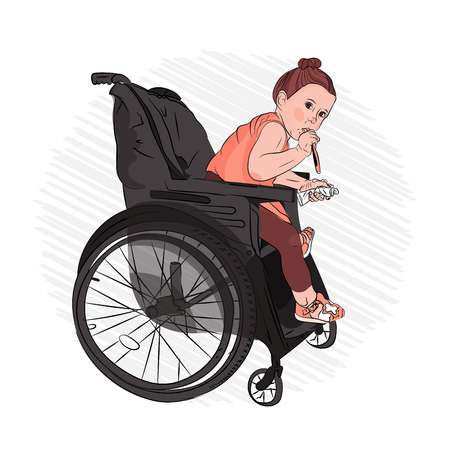 brush your teeth. oral care. disabled child. girl in a wheelchair. Vector illustration on white isolated background. sketching styleのイラスト素材