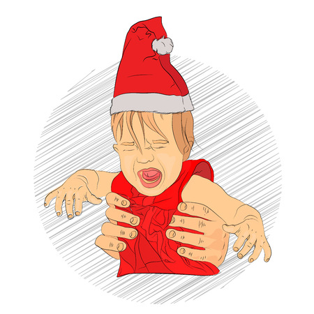 baby new year crying. the child did not receive a gift. child frightened santa claus. bad kid for christmas. Vector illustration for your design on white background. sketching styleのイラスト素材