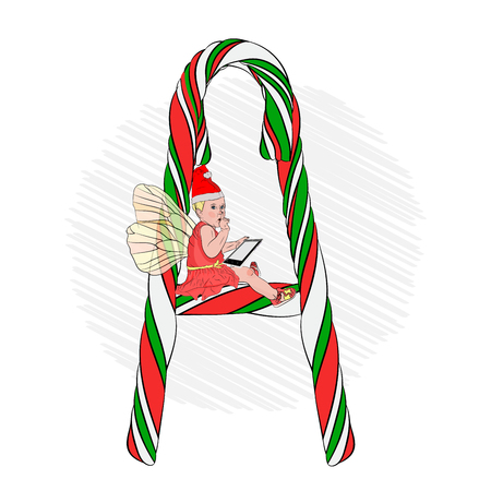 The letter A, a large letter made of striped caramel stick. Santa Claus assistant with a laptop computer in his hands, a list of gifts. Vector illustration on white isolated background. sketching styleの写真素材