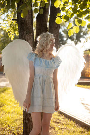 Angel girl with large white feather wingsの写真素材