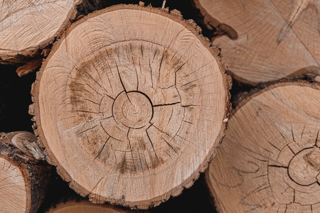 Detailed wood grain on a cut log in a firewood pile, great for texture backgrounds.