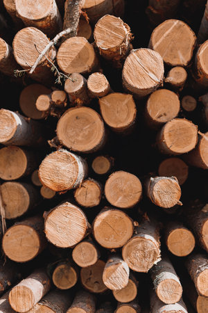 Stack of wooden logs cut from trees, showing annual rings and texture. Natural background for...