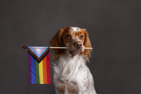 Dog with progressive LGBT pride flag in mouth. Flag includes rainbow, trans, and marginalized...