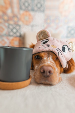 Sleepy brown-and-white dog with one eye visible beneath a tilted sleep mask, next to a mug of hot...