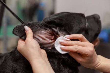 Hands holding dogâs ear open and gently cleaning inner area with round cotton pad, hygienic grooming care for black dog.の写真素材