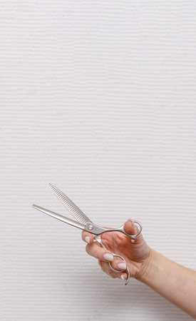 Thinning shears with curved handles held in female hand, textured white backdrop, ideal for pet fur trimming and styling.の写真素材