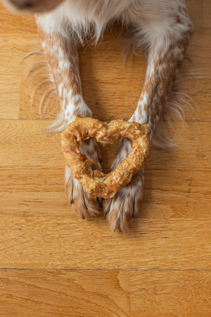 Dog framed by heart-shaped treat in soft focus, full face visible through snack opening, natural...