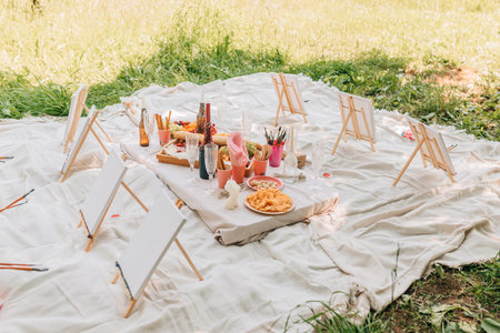 Blank canvases on easels, paintbrushes in pink cups, snacks and fruit platter, bottles and glasses arranged neatly outdoors. Laid on white blanket in grassy field with dappled sunlの写真素材