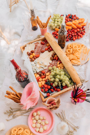 Appetizing display with grapes, berries, cherry tomatoes, cold cuts, cheeses and baguette served...