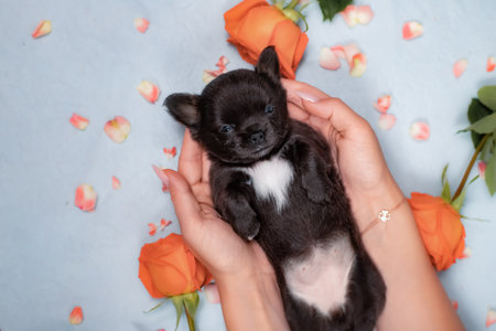 Black puppy with white chest lying on back among orange roses captured with clear floral composition and soft pastel backgroundの写真素材