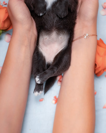 Close-up of black puppy's crossed legs with white-tipped paws cradled in human hands among scattered orange rose petals, focused studio detail.の写真素材