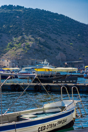 Docked boats with yellow canopies on calm marina water against large rocky mountain with sparse vegetation under clear blue sky.の写真素材