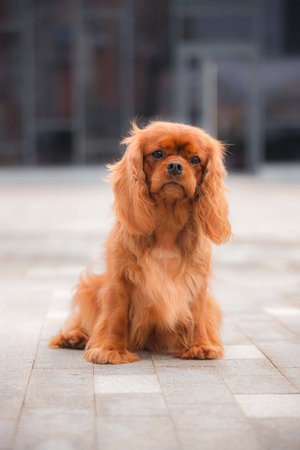 Front view of elegant long-haired chestnut dog on modern urban paving, soft lighting highlighting facial expression, poised symmetrical portrait for branding.の写真素材