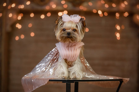 Yorkshire Terrier wearing pink sparkling cape and pleated collar poses elegantly under soft bokeh lights. Perfect for holiday, fashion, or pet portrait themes with cozy indoorの写真素材