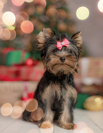 Small Yorkshire Terrier puppy sitting on wooden floor before decorated Christmas tree with red and green gift boxes, glowing warm bokeh lights, pink bow with rhinestone detailの写真素材
