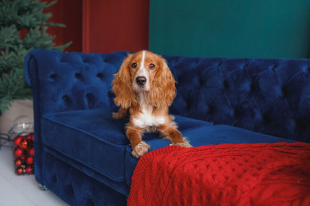Ginger cocker spaniel lies calmly on navy blue couch covered with red textured throw. Christmas tree and festive balls in background create warm seasonal atmosphere, ideal for petの写真素材