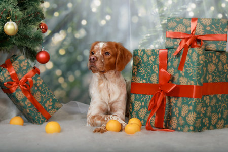 Calm brown and white dog with short fur lying gracefully near stack of wrapped Christmas gifts with...