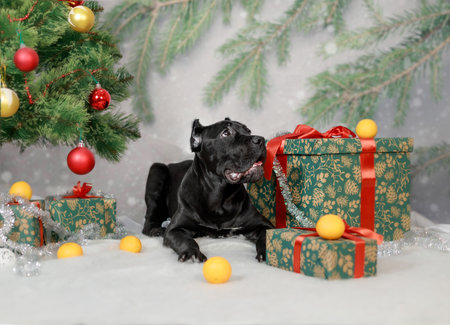 Cute black puppy resting under Christmas tree surrounded by shiny baubles, pine branches, yellow balls, and holiday presents wrapped in green paper with festive ribbons.の写真素材