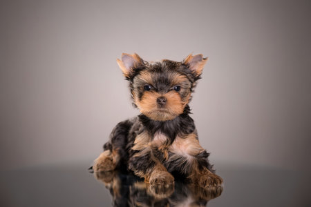 Cute small yorkshire terrier with black and brown fur lying on shiny surface, minimal studio setup with soft lighting and gray background.の写真素材