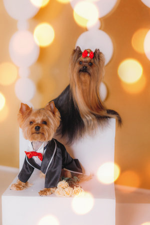 Two Yorkshire Terriers posing together studio background, one wearing black tuxedo red bow tie,...
