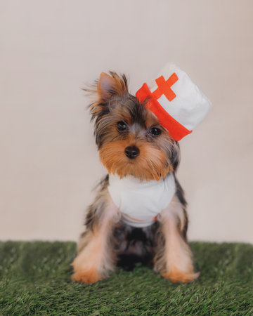 Small Yorkshire Terrier in nurse costume sitting upright on artificial grass, white medical outfit with red cross hat tilted playfully, soft beige background, studio lighting emphaの写真素材