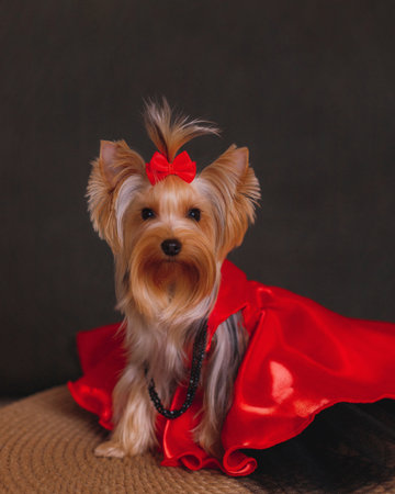 Small Yorkshire Terrier with smooth golden coat and red bow in bright satin dress sitting upright on stool, elegant studio portrait with dark neutral background.の写真素材