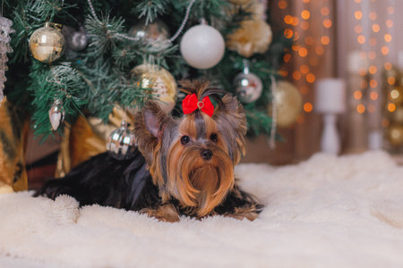 Cute Yorkshire terrier lying on fluffy white rug near Christmas tree decorated with metallic ornaments and glowing fairy lights. Ideal for Christmas marketing, pet accessories, orの写真素材