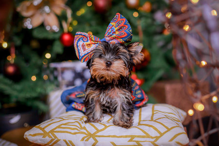 Yorkshire Terrier dressed with colorful scarf and large bow posing near decorated holiday tree with soft golden lights and ornaments, cozy festive mood captured indoors.の写真素材