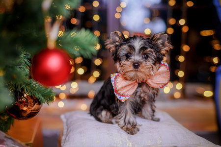 Cute small Yorkshire terrier puppy wearing decorative orange bow sits on soft pillow near Christmas tree with glowing bokeh lights and red ornaments, perfect holiday pet portrait.の写真素材