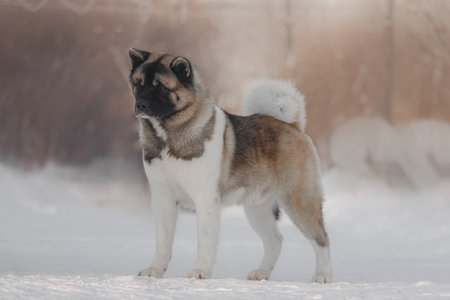 Muscular Akita with curled tail and dense tricolor coat, erect ears, and calm expression, positioned in snowy outdoor setting with warm sunlight tones.の写真素材