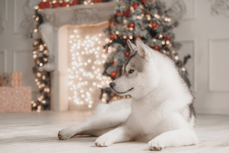 Siberian husky lying on wooden floor near glowing Christmas fireplace and tree decorated with red ornaments. Side view of relaxed Siberian husky dog resting indoors in cozy festive room. Fireplace lights and decorated Christmas tree create warm holiday setting emphasizing calm pose and thick fur texture.の写真素材