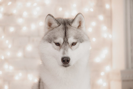 Closeup portrait of grey and white Siberian husky under soft Christmas lights with warm blurred background. Beautiful husky dog looking directly at camera against glowing fairy lights. White brick wall background, cozy winter setting, perfect for holiday cards, pet-themed advertising, or seasonal posters.の写真素材