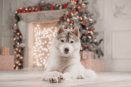 Siberian husky resting before Christmas tree and glowing lights, festive pet portrait indoors. Beautiful gray-white husky dog lying before Christmas tree in bright room with elegant fireplace, decorated tree, and sparkling fairy lights, capturing cozy winter holiday mood.の写真素材