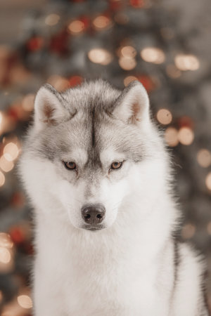 Portrait of Siberian husky with blurred Christmas lights and ornaments behind, showing thick fur and sharp gaze. Focused close-up of Siberian husky dog with festive bokeh background. Detailed shot captures dogâs fluffy coat, bright eyes, and soft light reflections from Christmas decorations, conveying warmth and elegance of holiday season.の写真素材